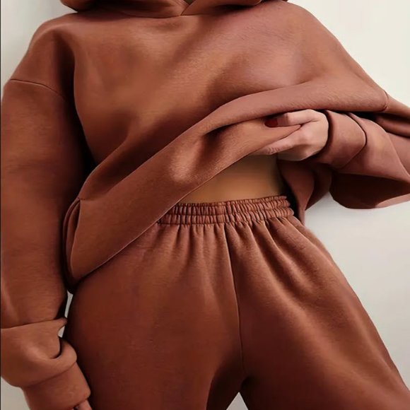 Dark Brown Warm Hoodie Sweatshirts And Long Pant Fleece Two Piece Sets - Picture 2 of 5